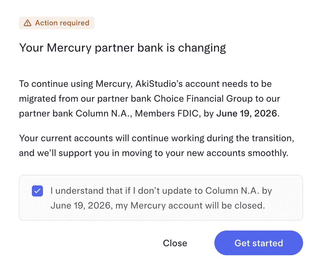 Mercury 合作银行变更 从 Choice Financial 迁移到 Column Mercury 合作银行变更 从 Choice Financial 迁移到 Column